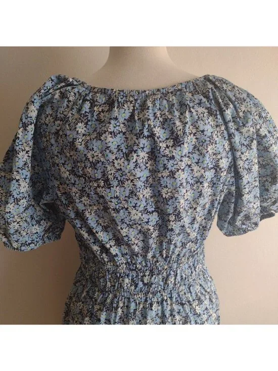 Vineyard Vines Blue Floral Dress L Cotton Puff Sleeves Midi w POCKETS - Picture 9 of 10